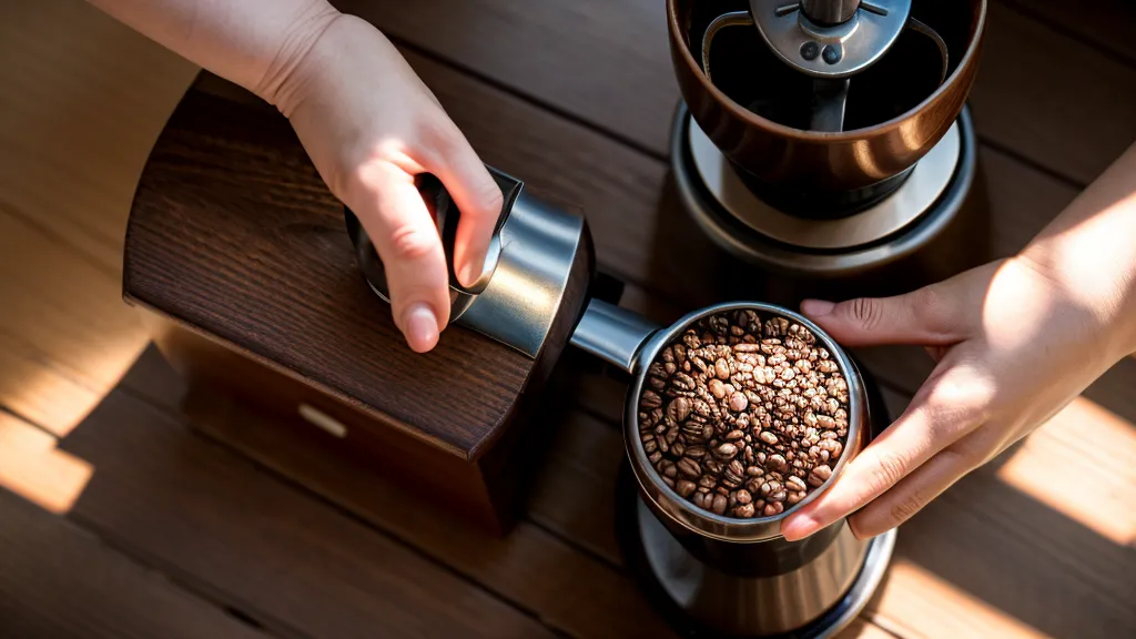Primer plano de un molinillo de café manual en una barra de especialidad