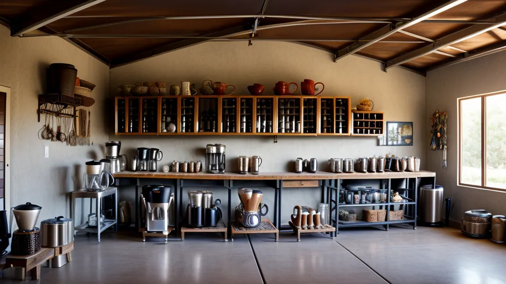 Accesorios de equipo de café organizados, con báscula y cajón de restos, en un espacio pequeño