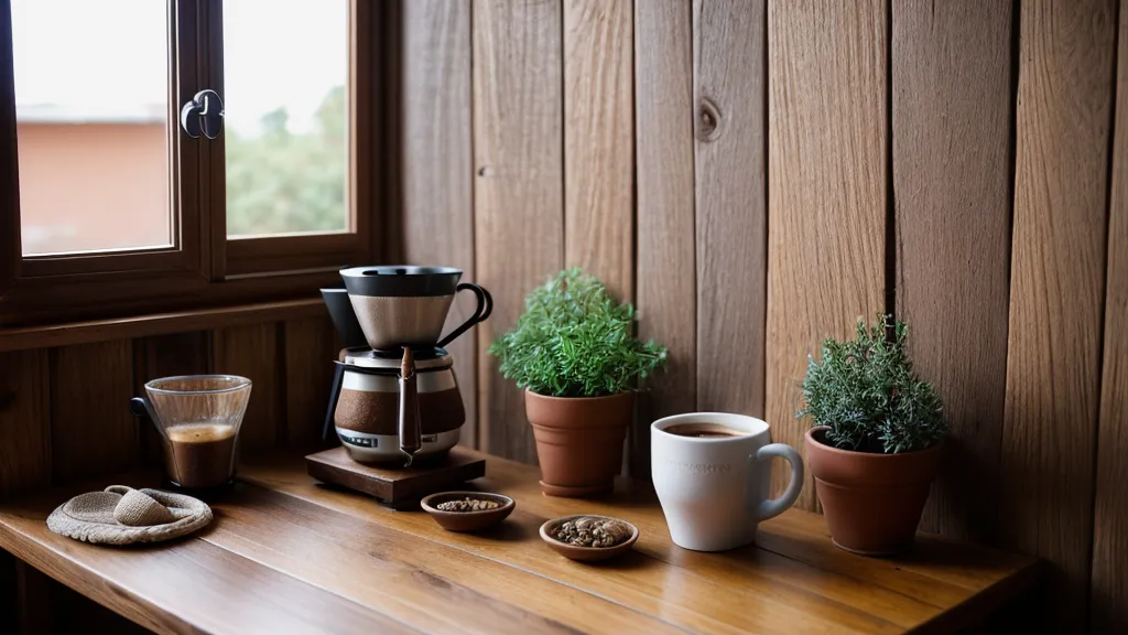 Molinillo manual y método V60 sobre una mesa de madera rústica