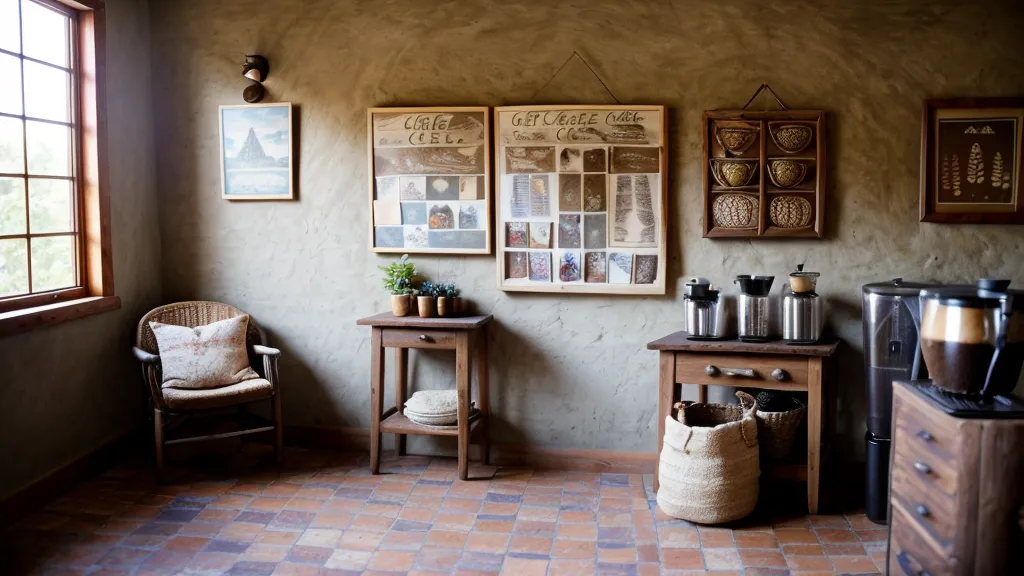 Rueda de sabores de café junto a granos de especialidad locales en una barra de Oaxaca.