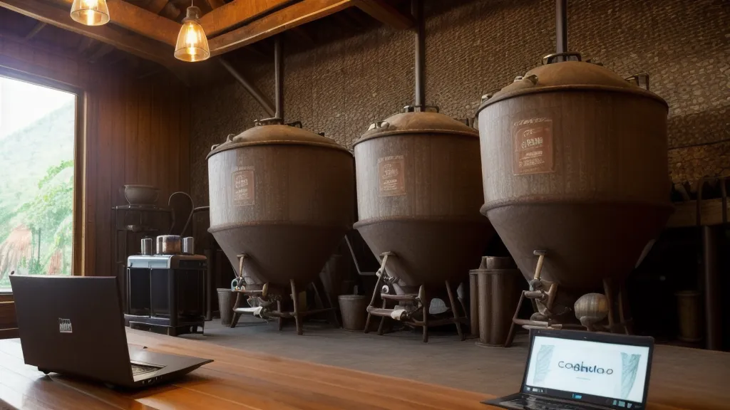 Laptop mostrando curso de poscosecha junto a una taza de espresso en taller de café de especialidad en Oaxaca