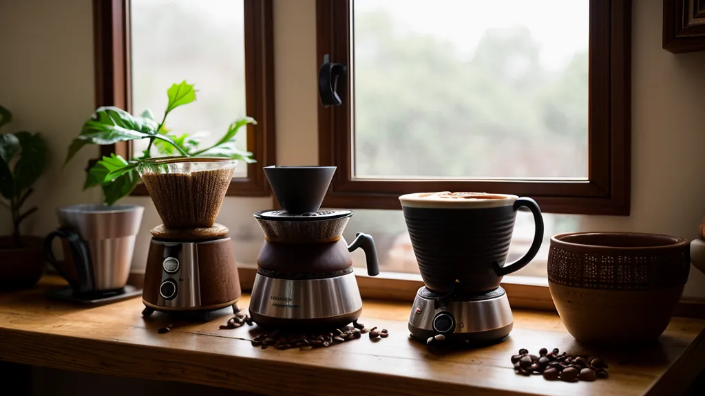 Tableta con curso de barismo online junto a equipo de café manual en una barra de cochera