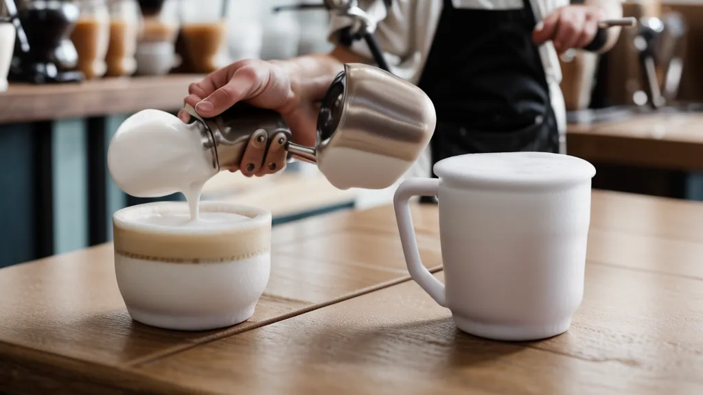 Primer plano de un vertido de leche con jarra de boquilla ancha para crear arte latte.