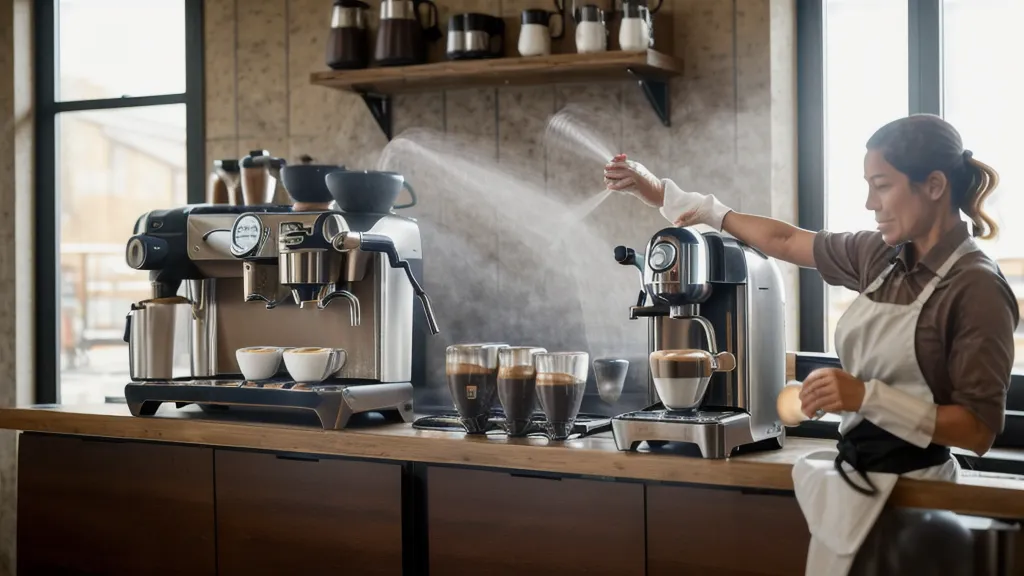 Barista limpiando la lanza de vapor después de usar leche vegetal