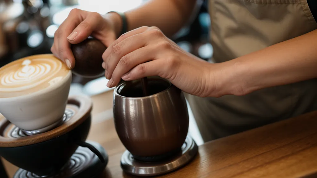 Manos ajustando un molino manual de café en una barra de barismo profesional