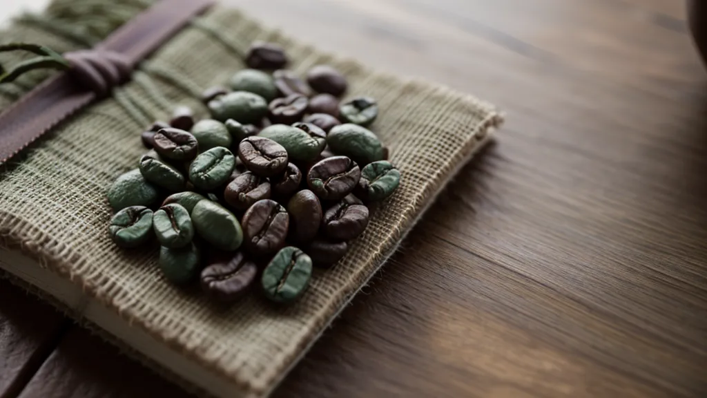 Granos de café de especialidad verdes y tostados con notas de cata manuscritas