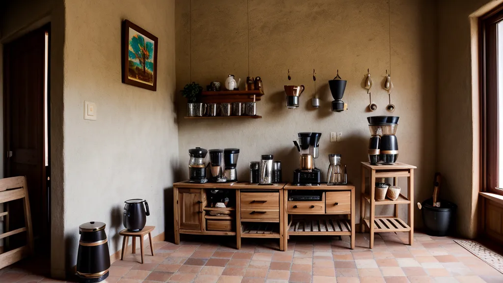 Estación de barista organizada con báscula y portafiltro