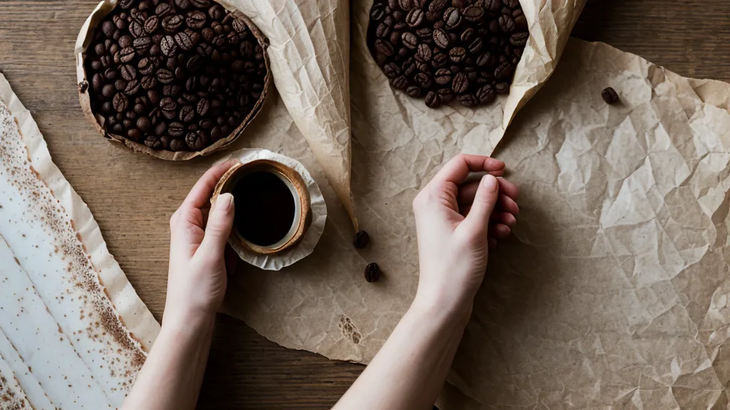 Manos sosteniendo café en pergamino sobre bocetos y esquemas de planificación de finca