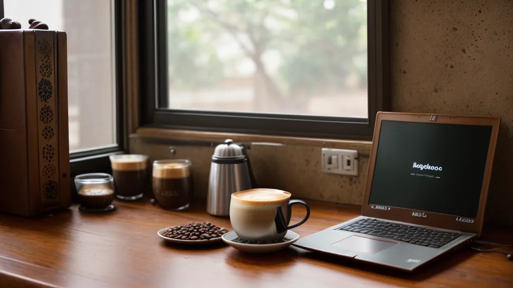 Laptop mostrando un curso de barismo online junto a un molino manual de café