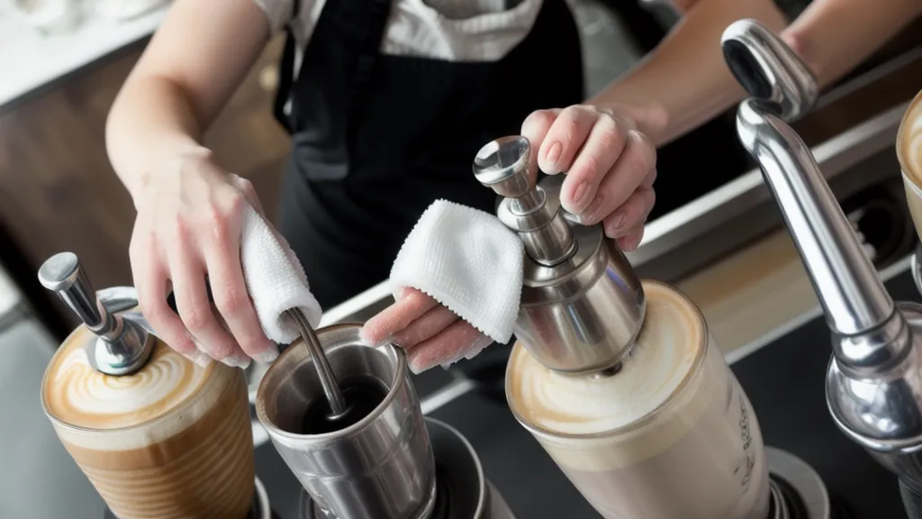 Limpieza de portafiltro sin fondo en una barra de café pequeña